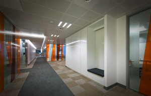 Office area with partitioned meeting rooms