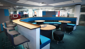 breakout area with high stools and high back seating